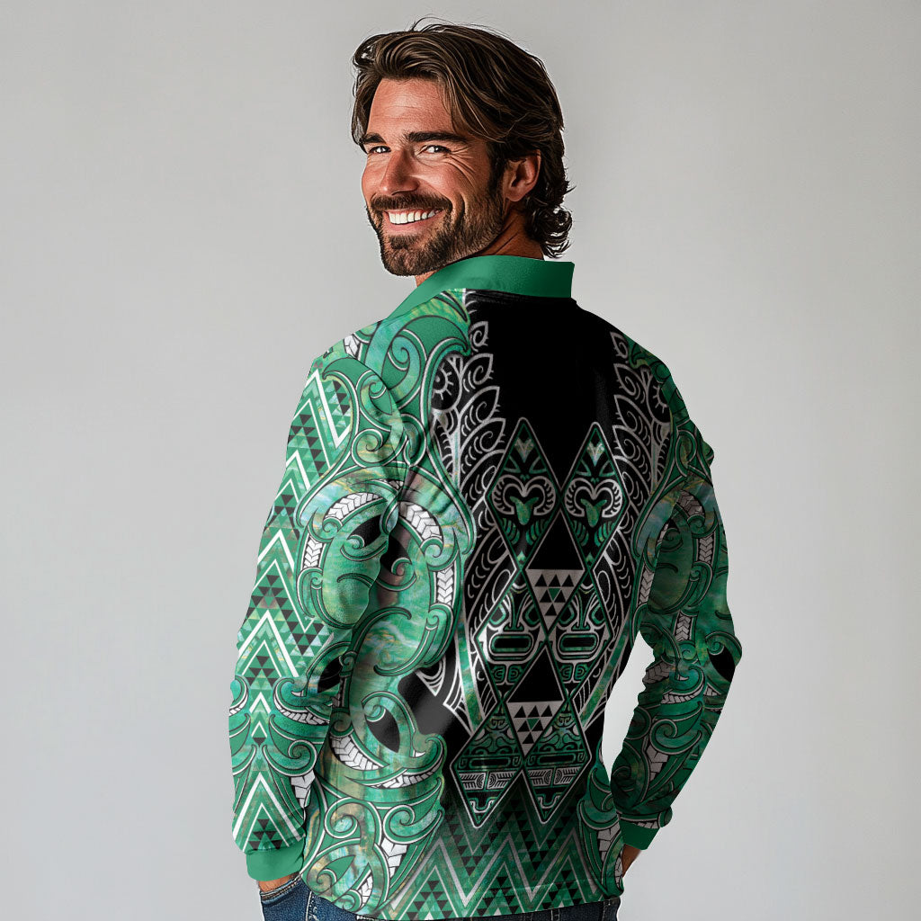 Aotearoa Ngati Awa Long Sleeve Polo Shirt Maori Tribal Green Marble Paua Shell Pattern