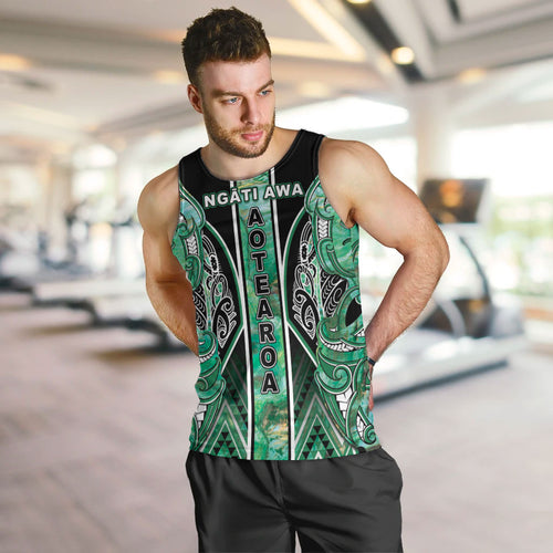 Aotearoa Ngati Awa Men Tank Top Maori Tribal Green Marble Paua Shell Pattern
