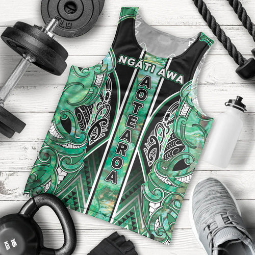 Aotearoa Ngati Awa Men Tank Top Maori Tribal Green Marble Paua Shell Pattern