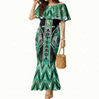 Aotearoa Ngati Awa Mermaid Dress Maori Tribal Green Marble Paua Shell Pattern