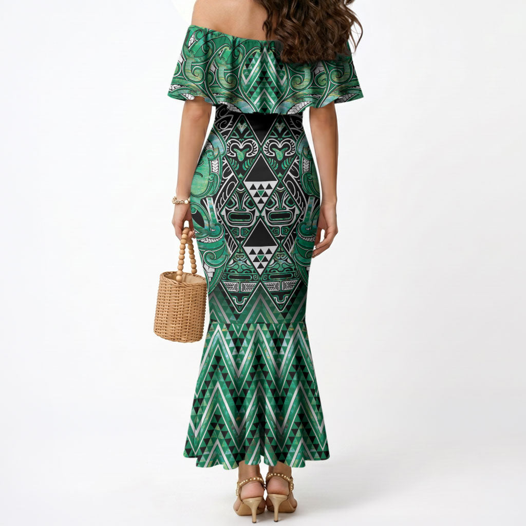 Aotearoa Ngati Awa Mermaid Dress Maori Tribal Green Marble Paua Shell Pattern