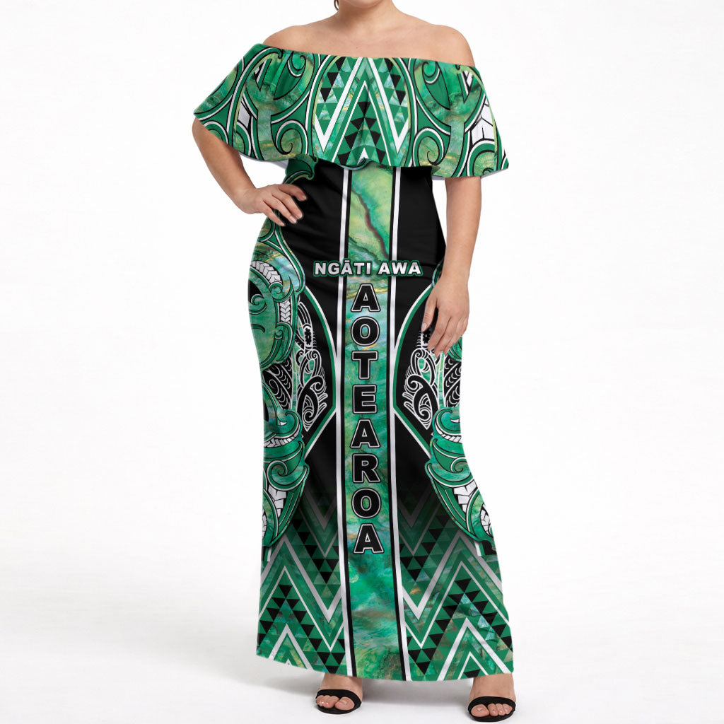 Aotearoa Ngati Awa Off Shoulder Maxi Dress Maori Tribal Green Marble Paua Shell Pattern