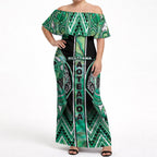 Aotearoa Ngati Awa Off Shoulder Maxi Dress Maori Tribal Green Marble Paua Shell Pattern