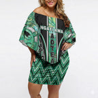 Aotearoa Ngati Awa Off Shoulder Short Dress Maori Tribal Green Marble Paua Shell Pattern