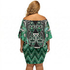 Aotearoa Ngati Awa Off Shoulder Short Dress Maori Tribal Green Marble Paua Shell Pattern