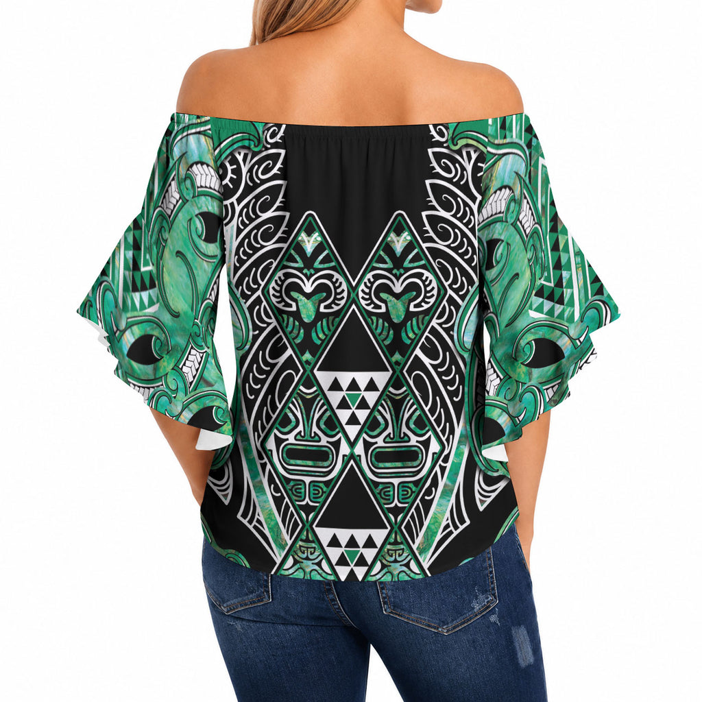 Aotearoa Ngati Awa Off Shoulder Wrap Waist Top Maori Tribal Green Marble Paua Shell Pattern