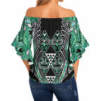 Aotearoa Ngati Awa Off Shoulder Wrap Waist Top Maori Tribal Green Marble Paua Shell Pattern