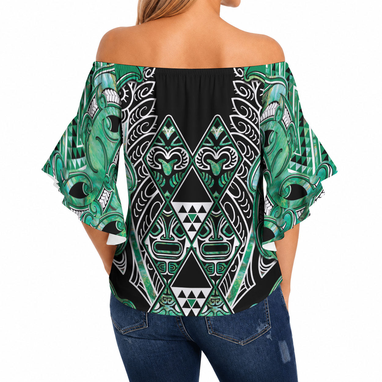 Aotearoa Ngati Awa Off Shoulder Wrap Waist Top Maori Tribal Green Marble Paua Shell Pattern