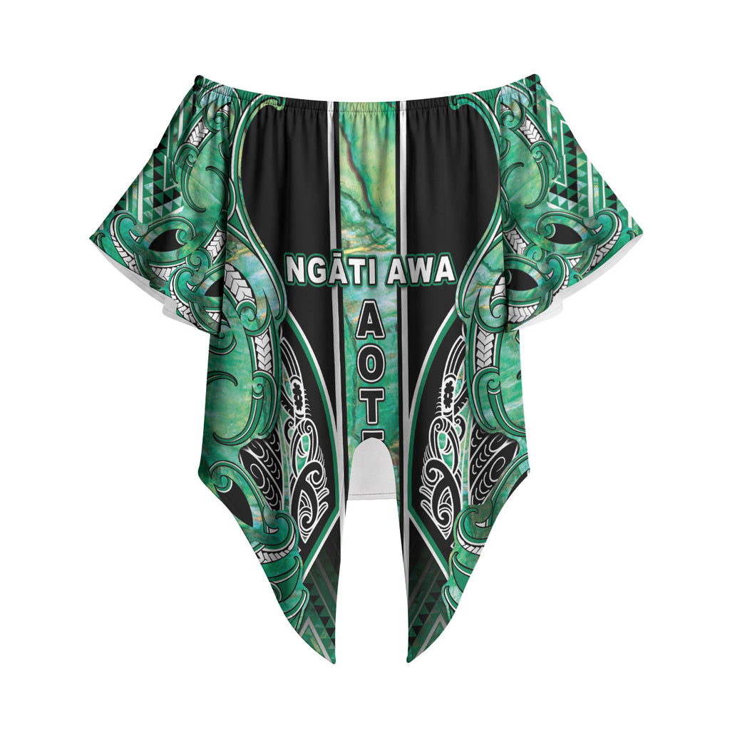 Aotearoa Ngati Awa Off Shoulder Wrap Waist Top Maori Tribal Green Marble Paua Shell Pattern
