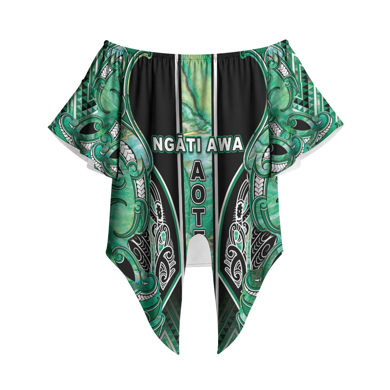 Aotearoa Ngati Awa Off Shoulder Wrap Waist Top Maori Tribal Green Marble Paua Shell Pattern