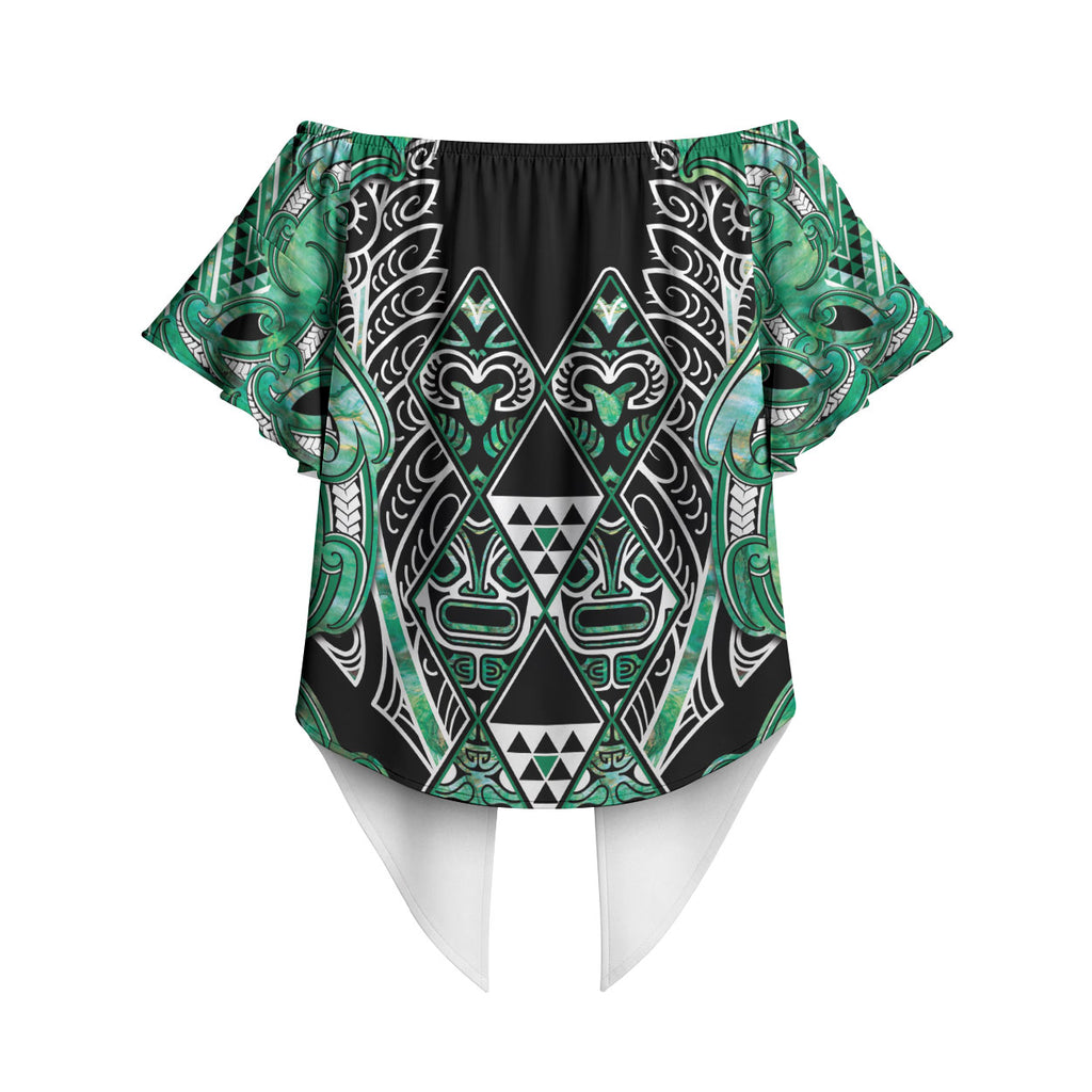 Aotearoa Ngati Awa Off Shoulder Wrap Waist Top Maori Tribal Green Marble Paua Shell Pattern