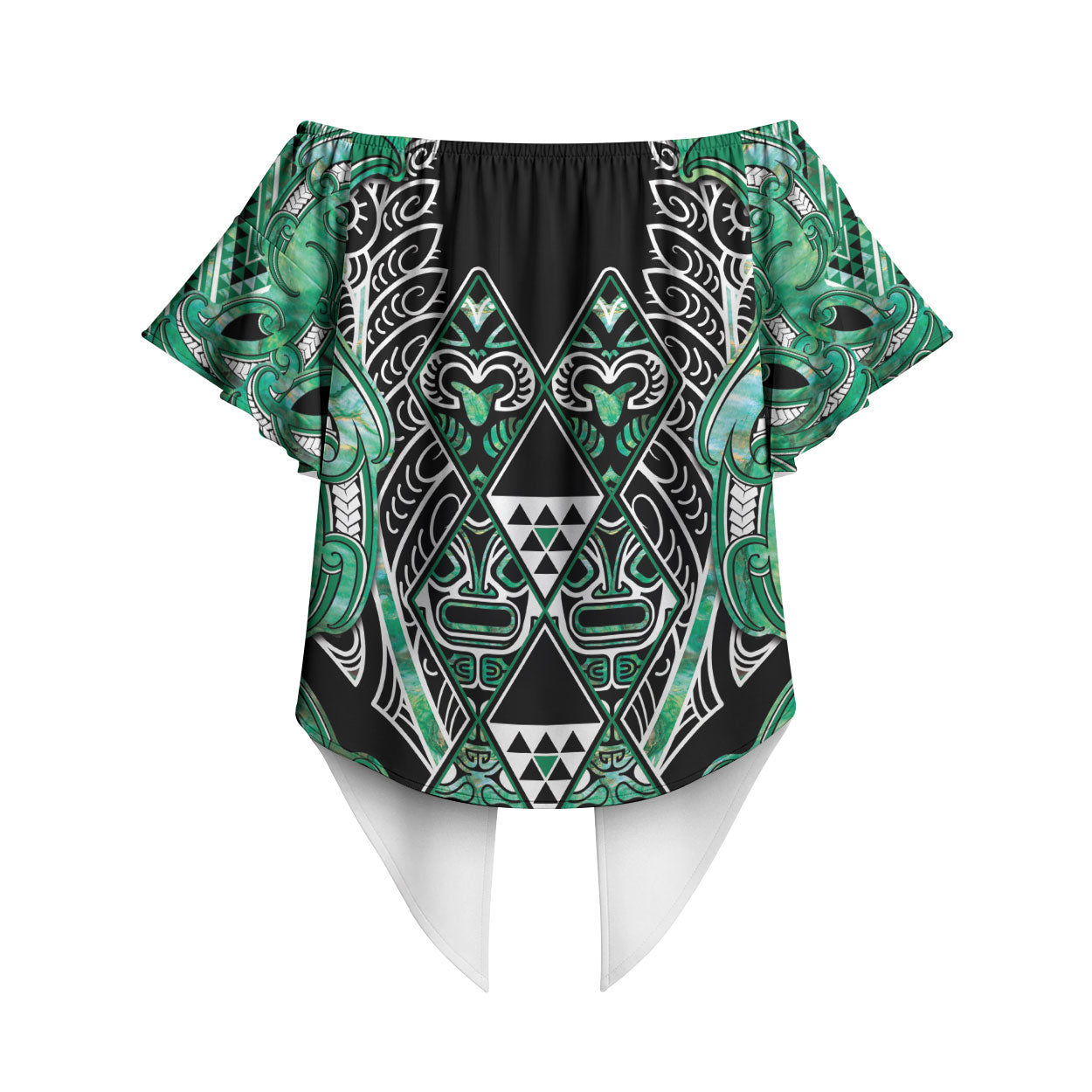 Aotearoa Ngati Awa Off Shoulder Wrap Waist Top Maori Tribal Green Marble Paua Shell Pattern