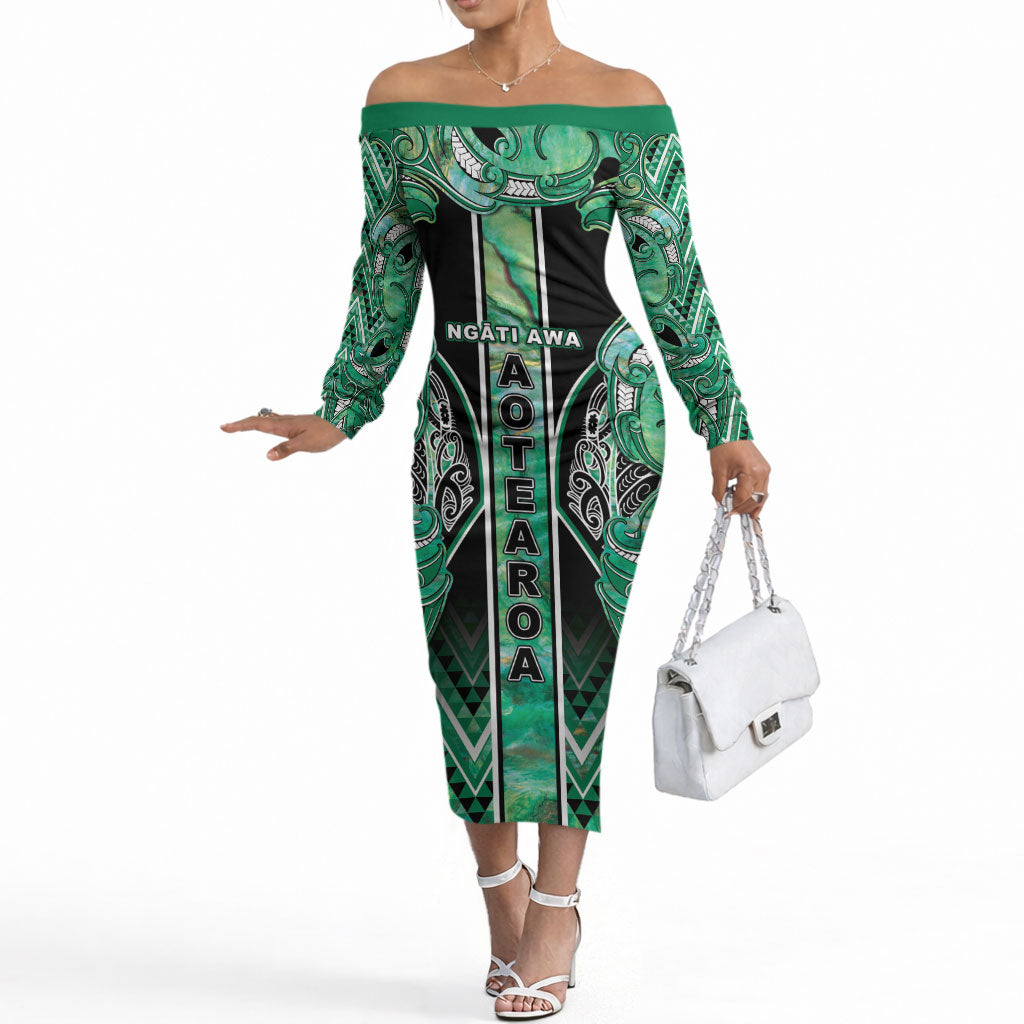 Aotearoa Ngati Awa Off The Shoulder Long Sleeve Dress Maori Tribal Green Marble Paua Shell Pattern