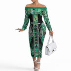 Aotearoa Ngati Awa Off The Shoulder Long Sleeve Dress Maori Tribal Green Marble Paua Shell Pattern