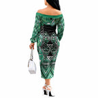 Aotearoa Ngati Awa Off The Shoulder Long Sleeve Dress Maori Tribal Green Marble Paua Shell Pattern
