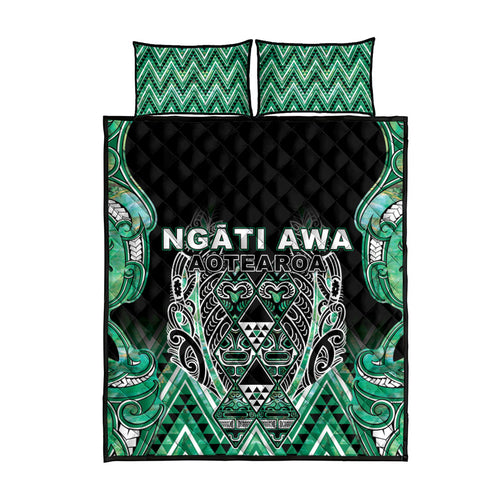 Aotearoa Ngati Awa Quilt Bed Set Maori Tribal Green Marble Paua Shell Pattern