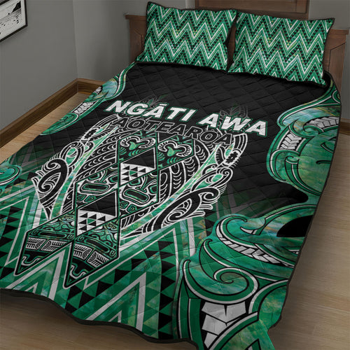 Aotearoa Ngati Awa Quilt Bed Set Maori Tribal Green Marble Paua Shell Pattern