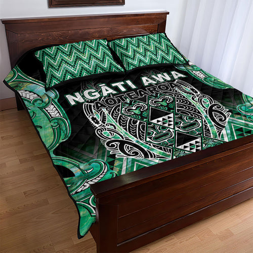 Aotearoa Ngati Awa Quilt Bed Set Maori Tribal Green Marble Paua Shell Pattern