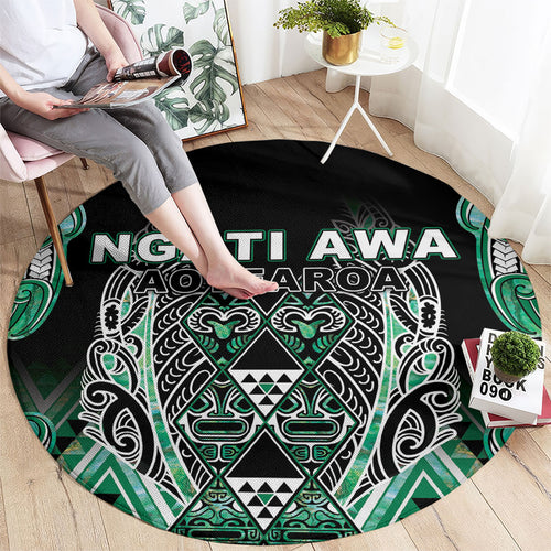 Aotearoa Ngati Awa Round Carpet Maori Tribal Green Marble Paua Shell Pattern