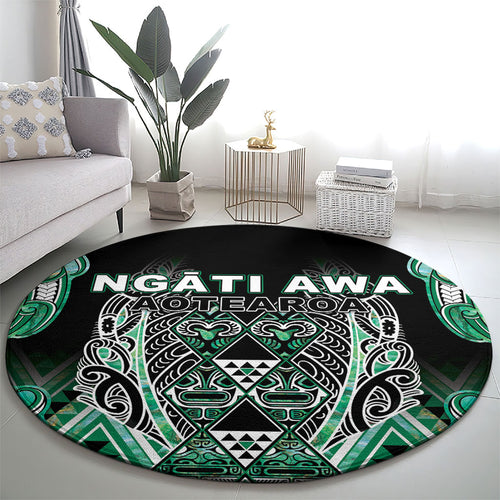 Aotearoa Ngati Awa Round Carpet Maori Tribal Green Marble Paua Shell Pattern