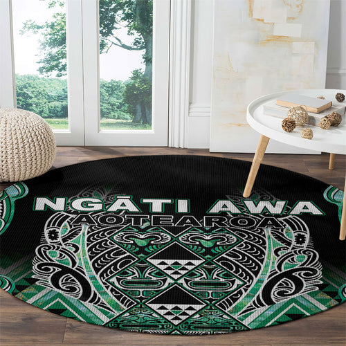 Aotearoa Ngati Awa Round Carpet Maori Tribal Green Marble Paua Shell Pattern