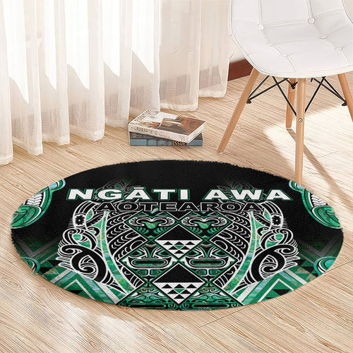 Aotearoa Ngati Awa Round Carpet Maori Tribal Green Marble Paua Shell Pattern
