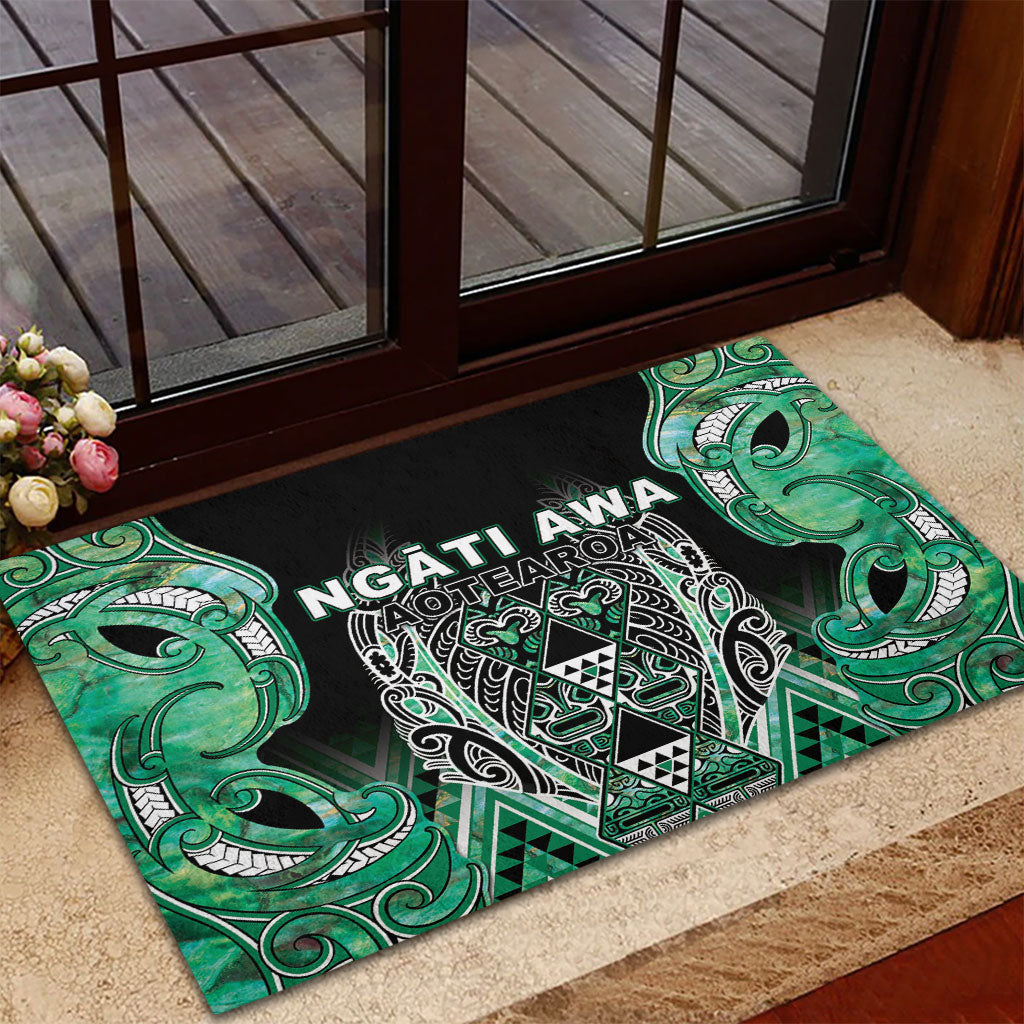 Aotearoa Ngati Awa Rubber Doormat Maori Tribal Green Marble Paua Shell Pattern