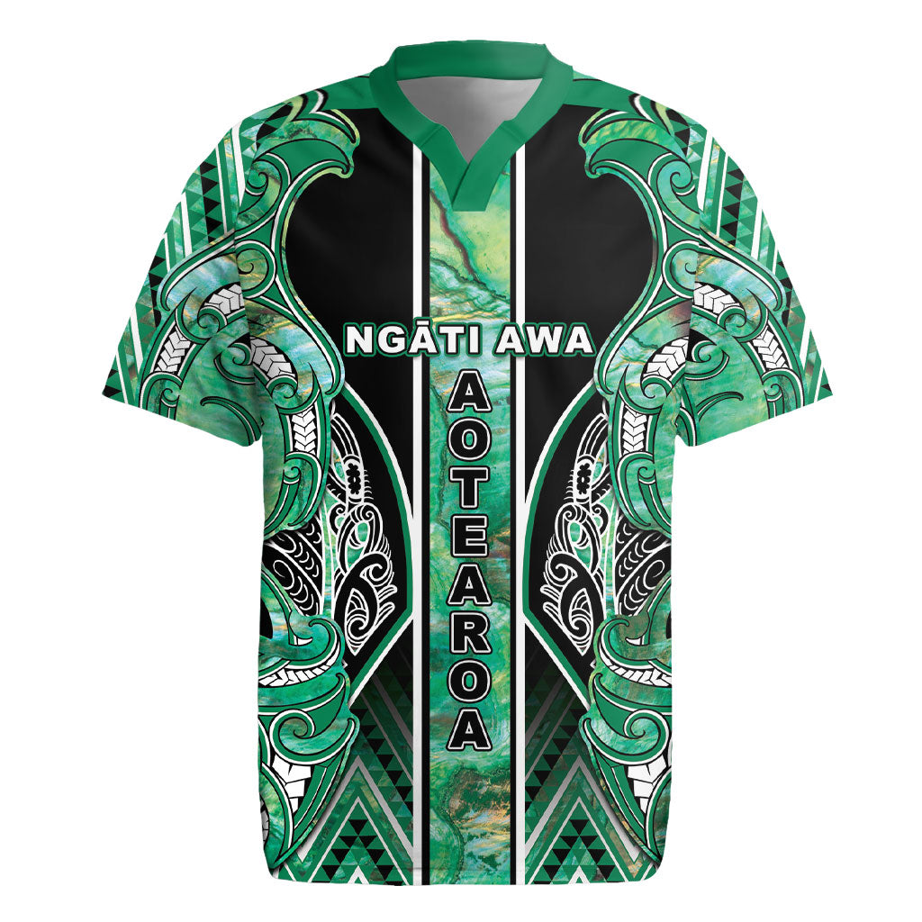 Aotearoa Ngati Awa Rugby Jersey Maori Tribal Green Marble Paua Shell Pattern