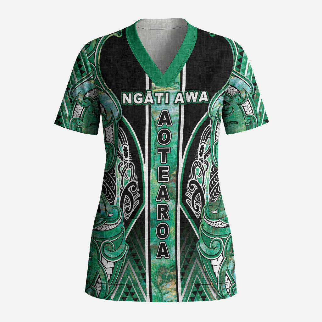 Aotearoa Ngati Awa Scrub Top Maori Tribal Green Marble Paua Shell Pattern