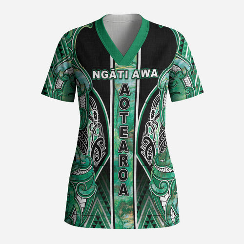 Aotearoa Ngati Awa Scrub Top Maori Tribal Green Marble Paua Shell Pattern
