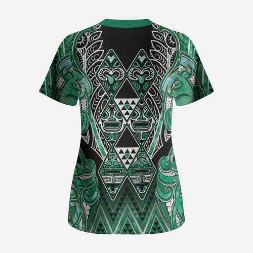 Aotearoa Ngati Awa Scrub Top Maori Tribal Green Marble Paua Shell Pattern