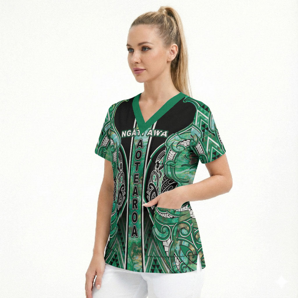 Aotearoa Ngati Awa Scrub Top Maori Tribal Green Marble Paua Shell Pattern