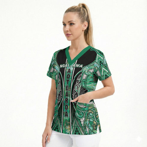 Aotearoa Ngati Awa Scrub Top Maori Tribal Green Marble Paua Shell Pattern