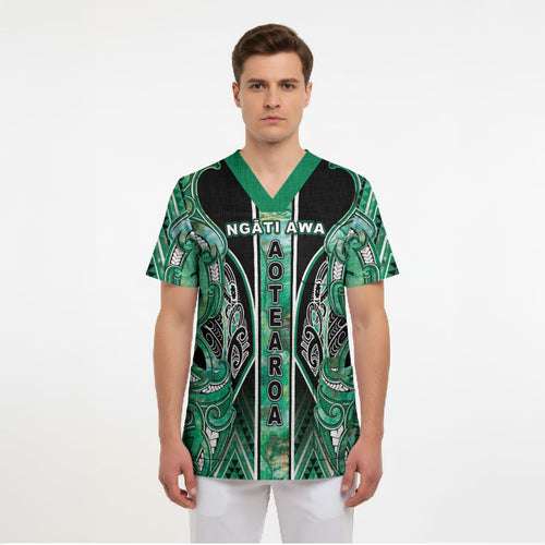 Aotearoa Ngati Awa Scrub Top Maori Tribal Green Marble Paua Shell Pattern