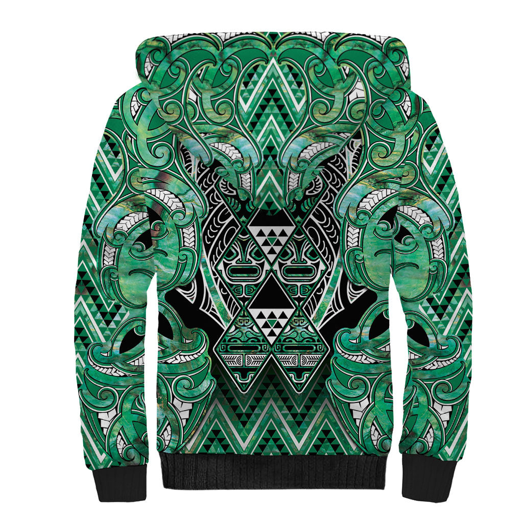 Aotearoa Ngati Awa Sherpa Hoodie Maori Tribal Green Marble Paua Shell Pattern