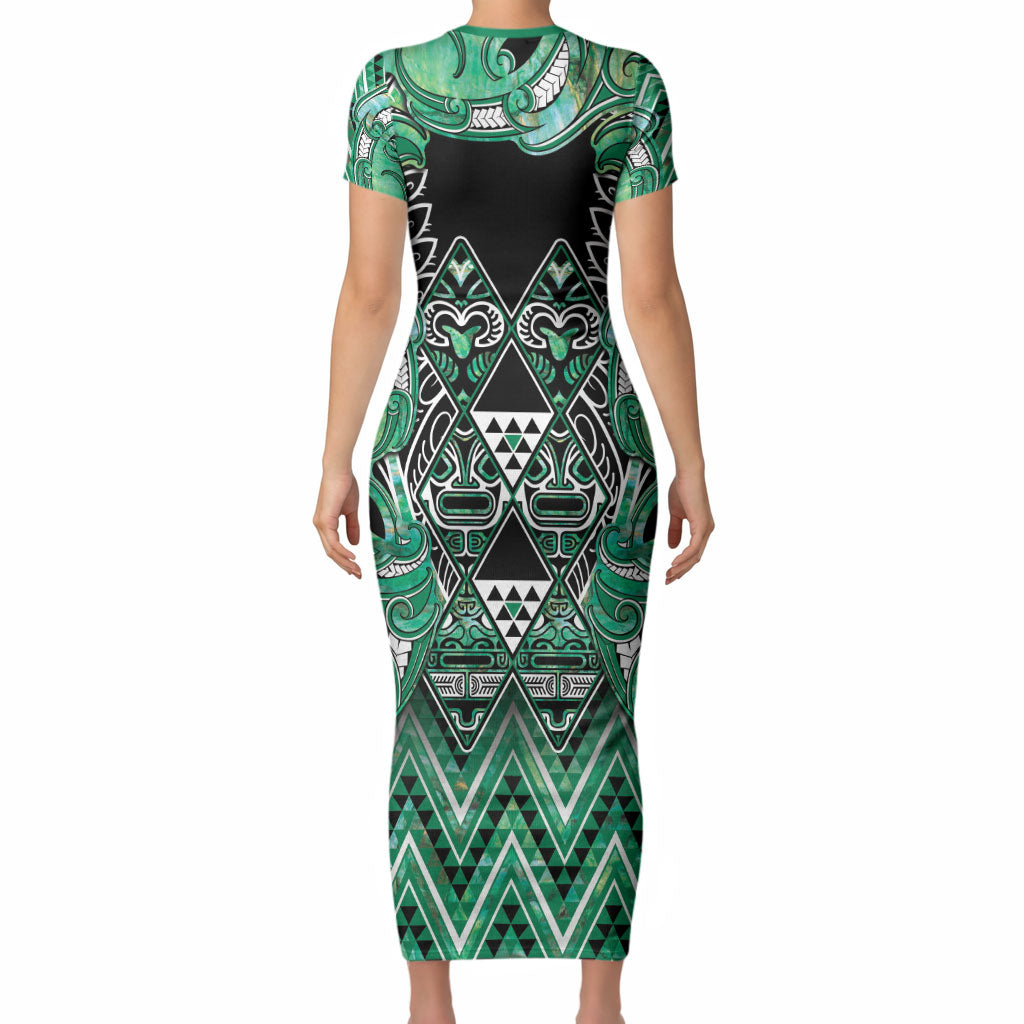 Aotearoa Ngati Awa Short Sleeve Bodycon Dress Maori Tribal Green Marble Paua Shell Pattern
