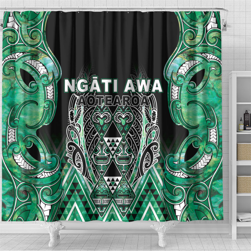 Aotearoa Ngati Awa Shower Curtain Maori Tribal Green Marble Paua Shell Pattern