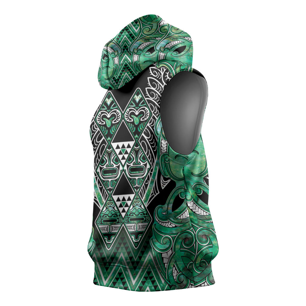 Aotearoa Ngati Awa Sleeveless Hoodie Maori Tribal Green Marble Paua Shell Pattern