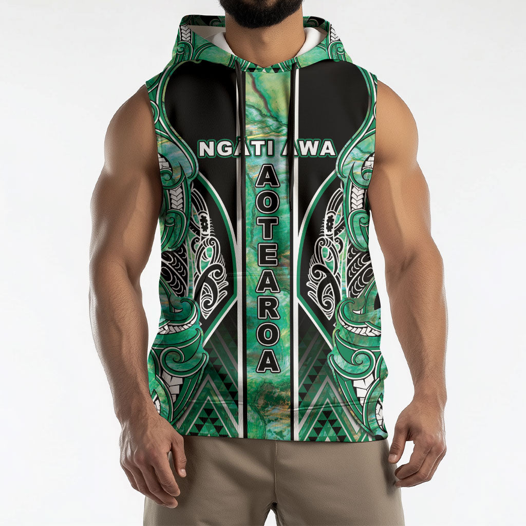 Aotearoa Ngati Awa Sleeveless Hoodie Maori Tribal Green Marble Paua Shell Pattern