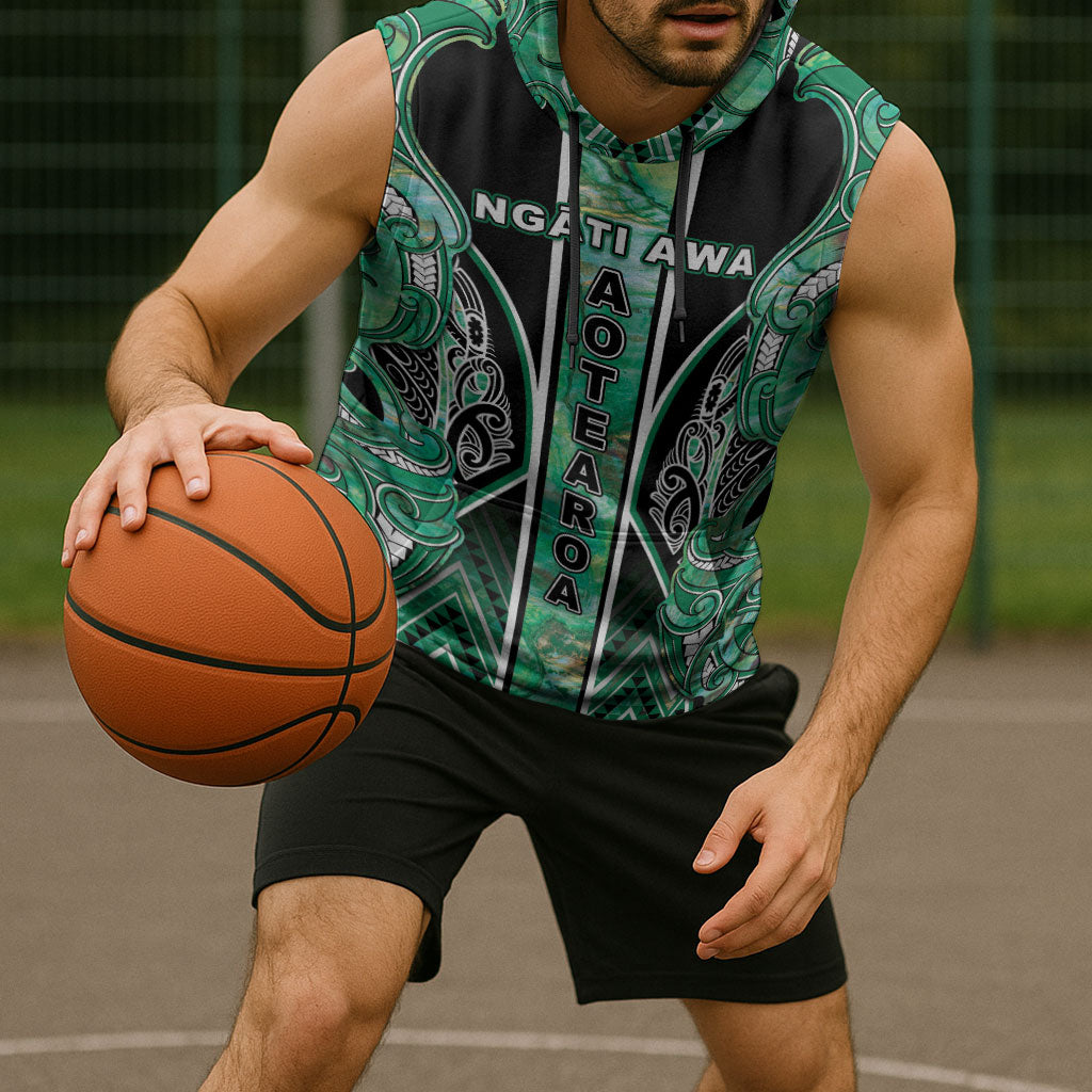Aotearoa Ngati Awa Sleeveless Hoodie Maori Tribal Green Marble Paua Shell Pattern