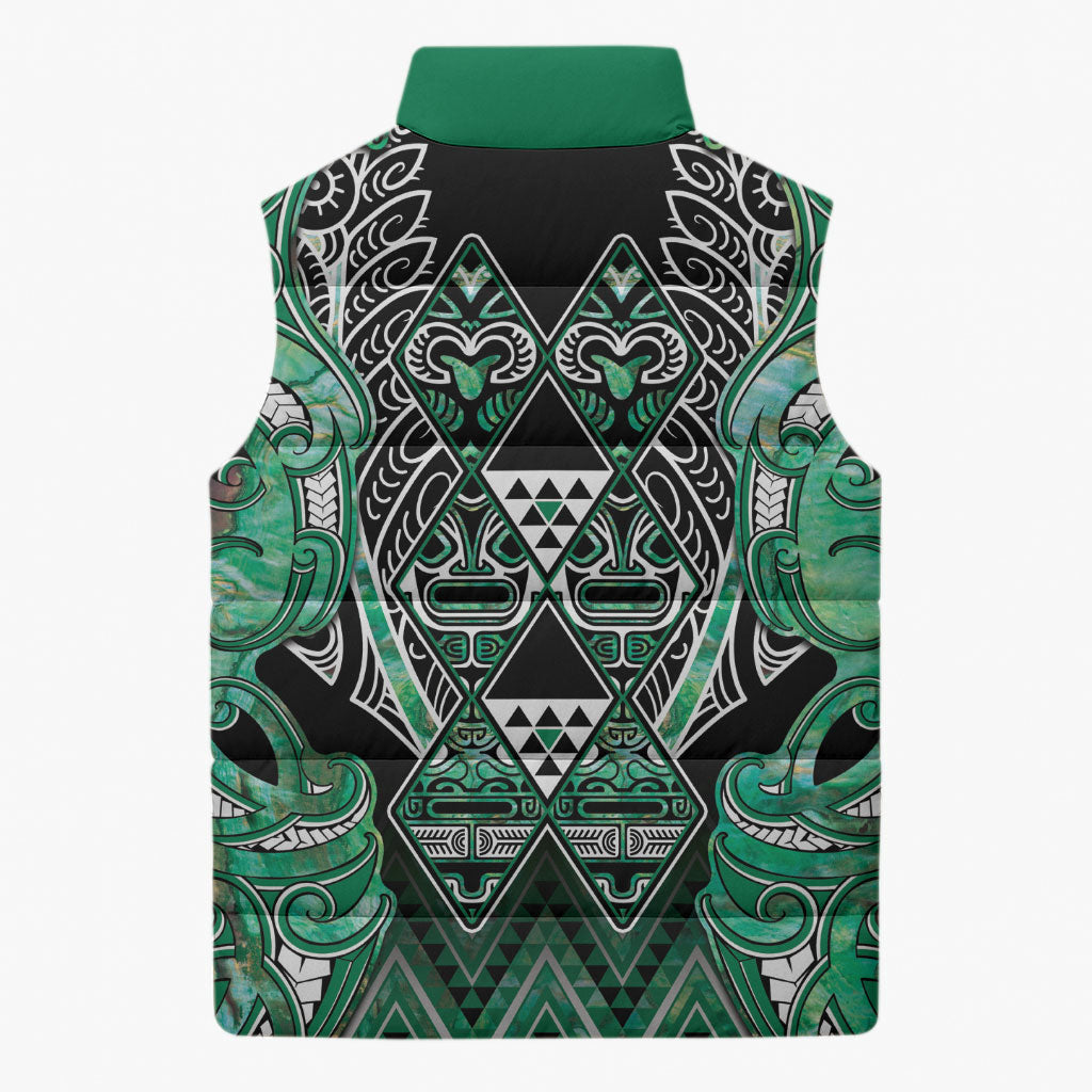 Aotearoa Ngati Awa Sleeveless Puffer Jacket Maori Tribal Green Marble Paua Shell Pattern
