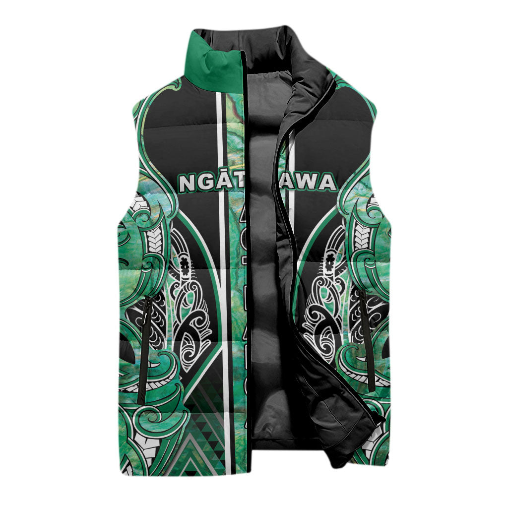 Aotearoa Ngati Awa Sleeveless Puffer Jacket Maori Tribal Green Marble Paua Shell Pattern