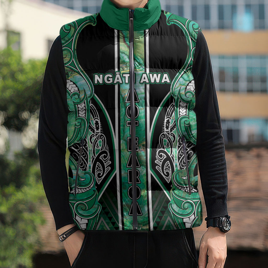 Aotearoa Ngati Awa Sleeveless Puffer Jacket Maori Tribal Green Marble Paua Shell Pattern