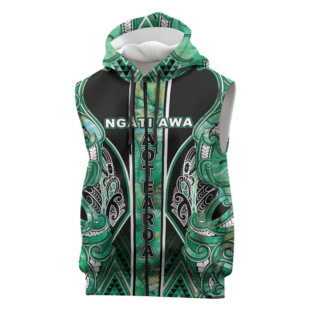 Aotearoa Ngati Awa Sleeveless Zip Hoodie Maori Tribal Green Marble Paua Shell Pattern