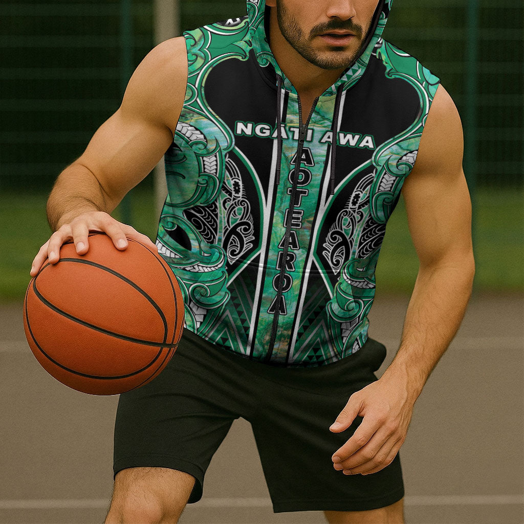 Aotearoa Ngati Awa Sleeveless Zip Hoodie Maori Tribal Green Marble Paua Shell Pattern