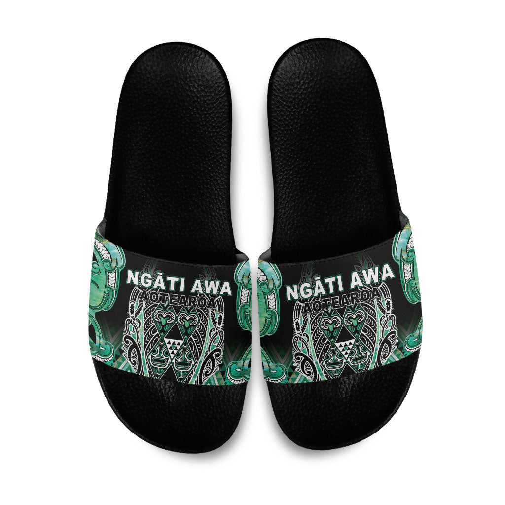 Aotearoa Ngati Awa Slide Sandals Maori Tribal Green Marble Paua Shell Pattern