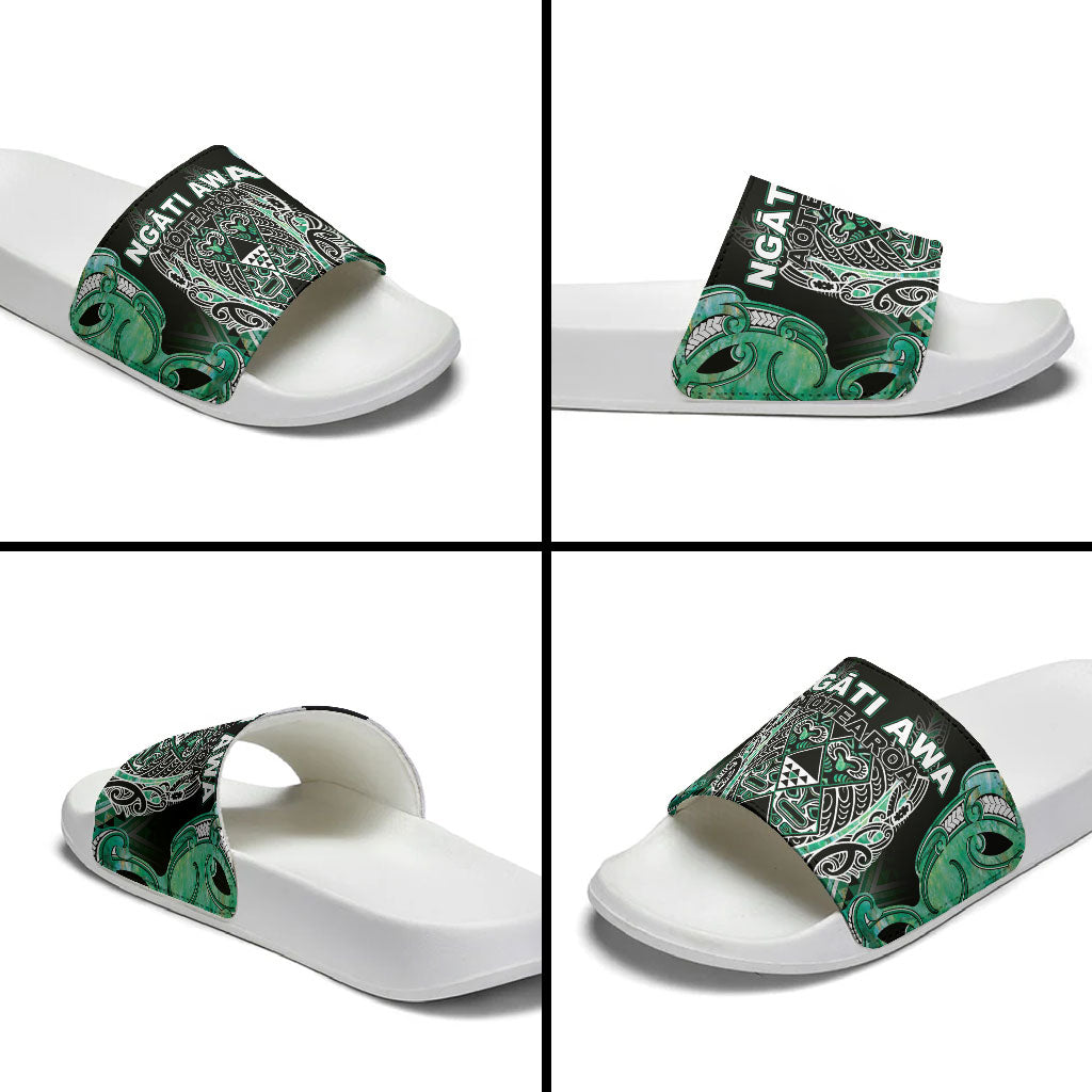Aotearoa Ngati Awa Slide Sandals Maori Tribal Green Marble Paua Shell Pattern