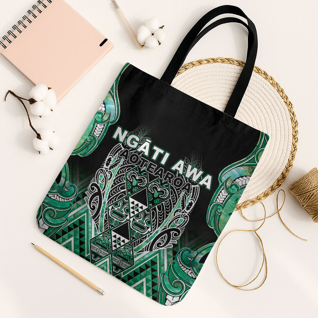 Aotearoa Ngati Awa Tote Bag Maori Tribal Green Marble Paua Shell Pattern