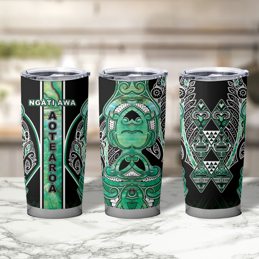 Aotearoa Ngati Awa Tumbler Cup Maori Tribal Green Marble Paua Shell Pattern