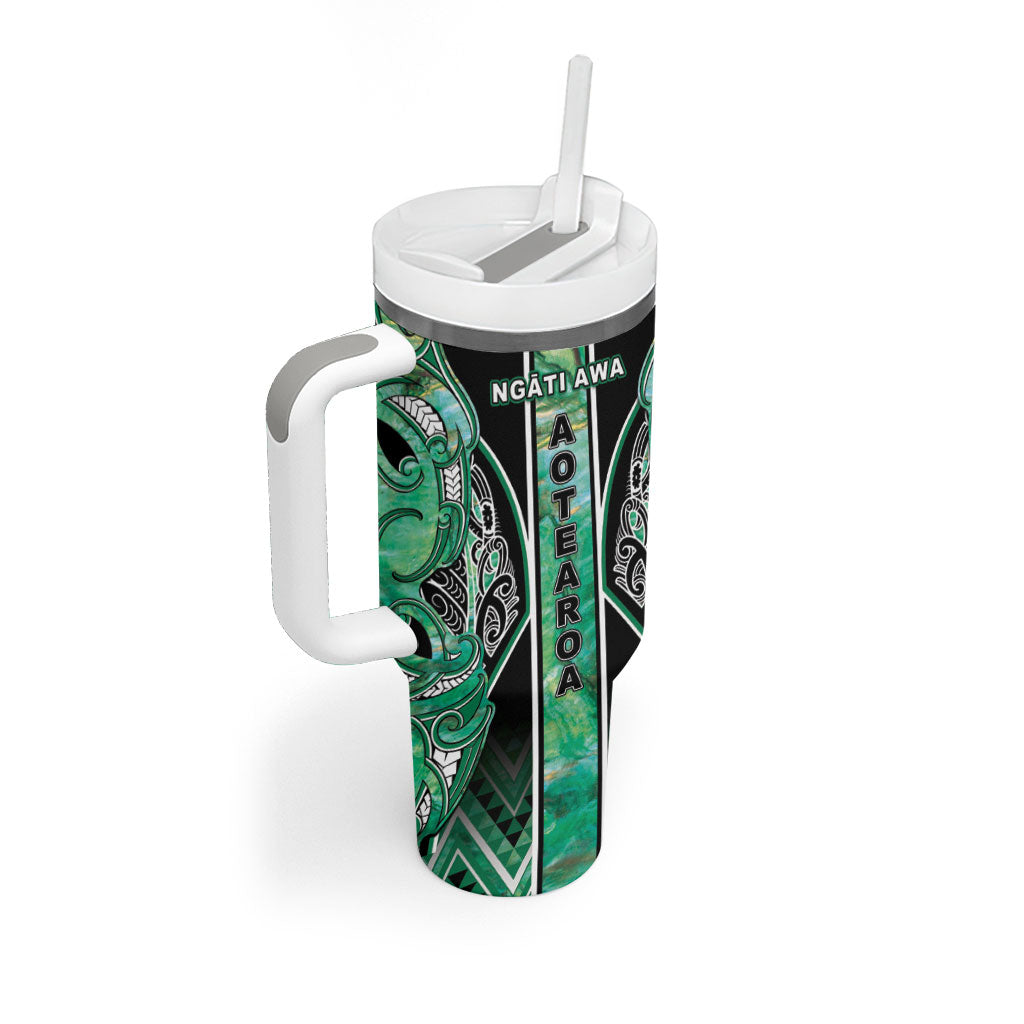 Aotearoa Ngati Awa Tumbler With Handle Maori Tribal Green Marble Paua Shell Pattern